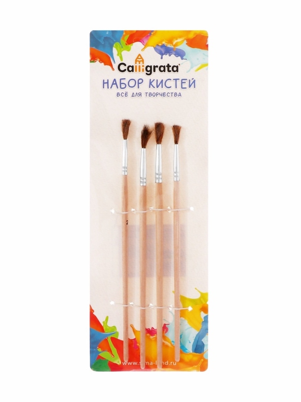 Набор кистей пони 4 штуки: № 2, 4, 6, 8, круглые, с деревянными ручками, в блистере