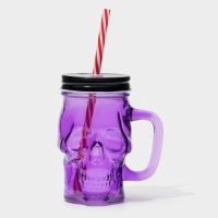 Банка стеклянная с крышкой и трубочкой &laquo;Череп. Хэллоуин&raquo;, 400 мл, 11&times;8,5&times;13 см, цвет МИКС