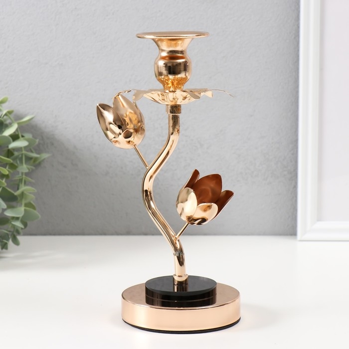 Подсвечник металл, акрил на 1 свечу "Золотые тюльпаны" d=2-6 см 10х10х22,5 см