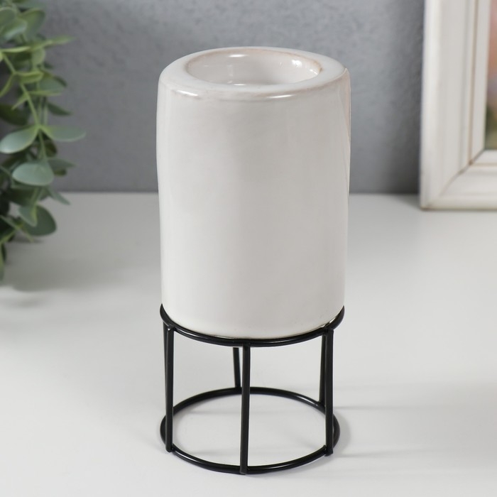 Подсвечник керамика, металл на 1 свечу "Столбик" белый с чёрным 7,4х7,4х15,3 см