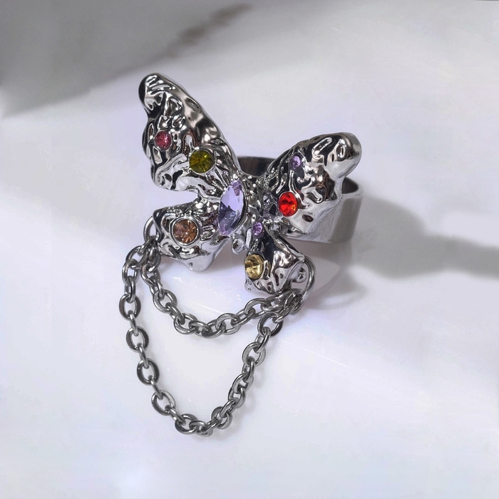 Кольцо &laquo;Бабочка&raquo; с цепочкой, цветное в серебре, безразмерное