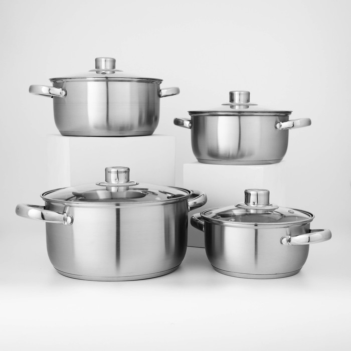 Набор кастрюль из нержавеющей стали Доляна &laquo;Гретте&raquo;, 4 предмета: 1,5 л, 2 л, 3 л, 4 л, d=16/18/20/22 см, крышки, индукция