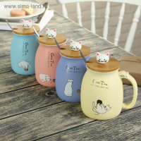 Кружка керамическая с деревянной крышкой и ложкой &laquo;Котик&raquo;, 500 мл, цвет и рисунок МИКС