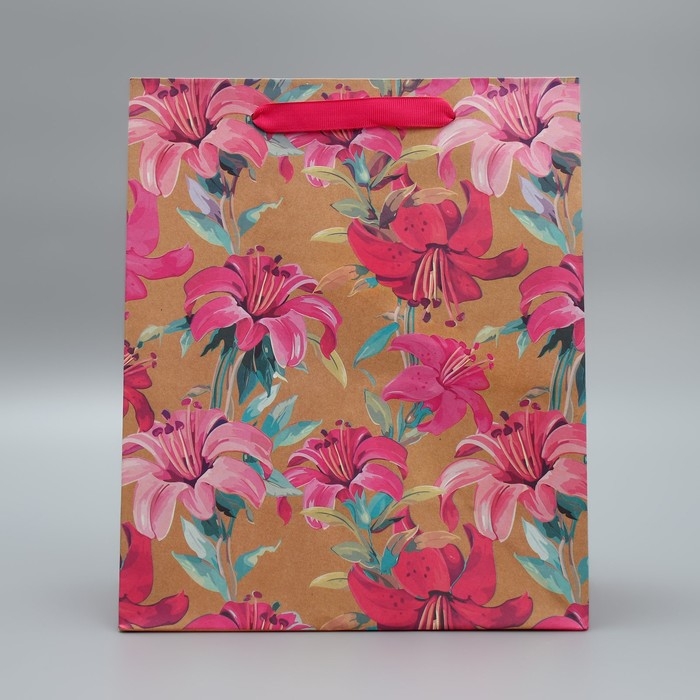 Пакет подарочный крафтовый вертикальный, упаковка, &laquo;Цветы&raquo;, ML 23 х 27 х 11,5 см