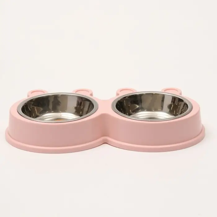 Миска металлическая двойная на пластиковой основе, 27,8 х 15,5 х 4 см, розовая