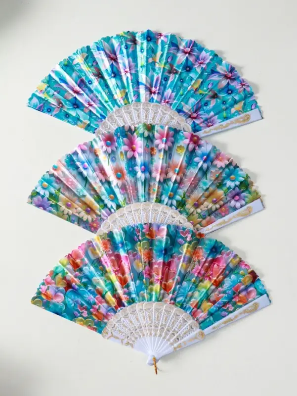 Веер пластик, текстиль "Россыпь цветов" МИКС широкие лопасти 23 см