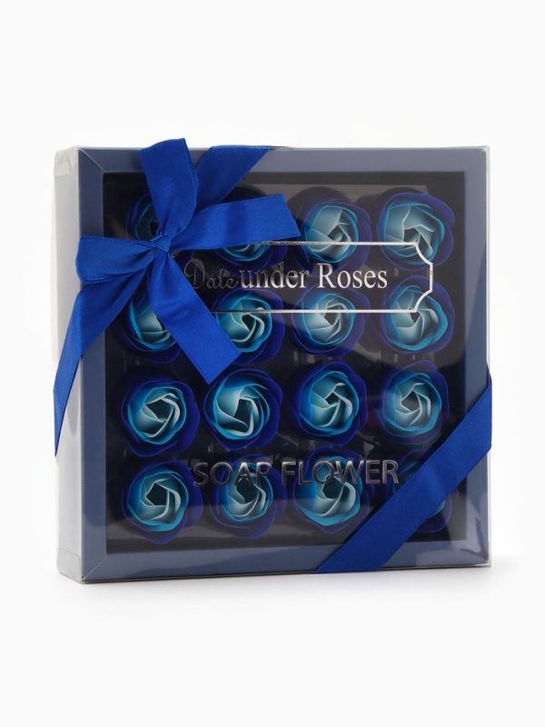 Набор мыльных роз в коробке 16 штук, бирюзово-белые