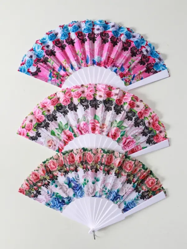 Веер пластик, текстиль "Цветочный" МИКС широкие лопасти 23 см