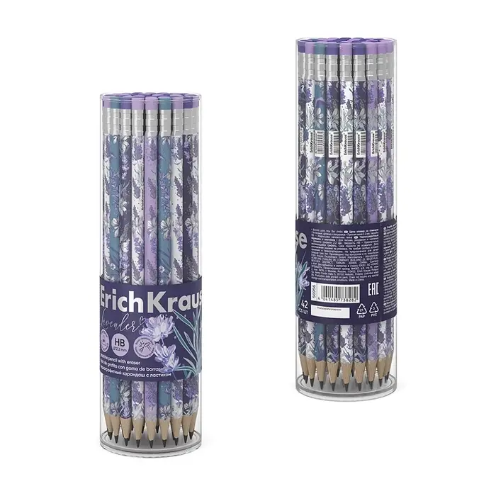 Карандаш чернографитный с ластиком ErichKrause "Lavender", HB, грифель d=2.2 мм, дерево, трeхгранный в тубусе, микс