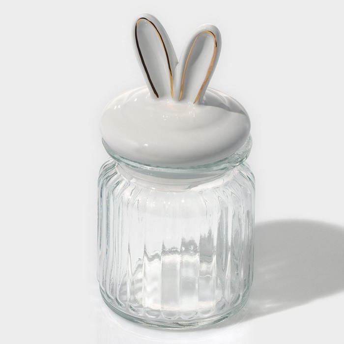 Банка стеклянная для хранения сыпучих продуктов Доляна &laquo;Зайка в золотом&raquo;, 230 мл, с керамической крышкой