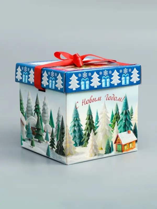 Подарочная новогодняя коробка крышка-дно с атласной лентой 17&times;17&times;17 см