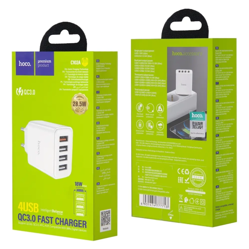 Переходник C102A СЗУ на 4 USB 18W HOCO белый
