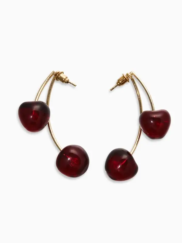 Серьги "Черешня" двойные, цвет бордовый в золоте