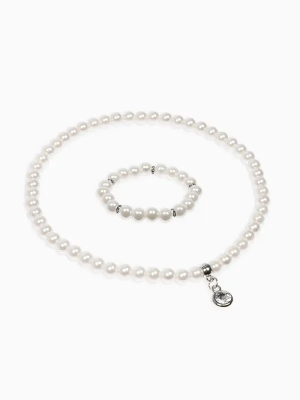 Набор детский &laquo;Выбражулька&raquo; 2 предмета: бусы, браслет d=6 см. жемчуг, белый в серебре