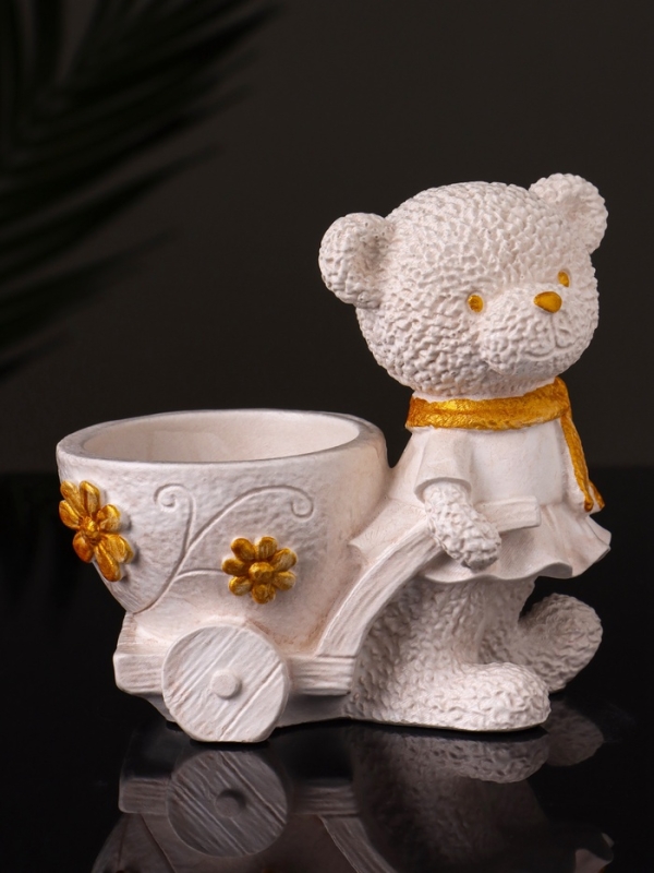 Кашпо "Медведица с тележкой" 10х10х6 см, слоновая кость