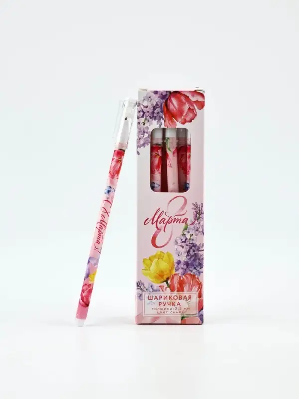 Ручка пластик с колпачком "8 Марта", синяя паста 0.5 мм