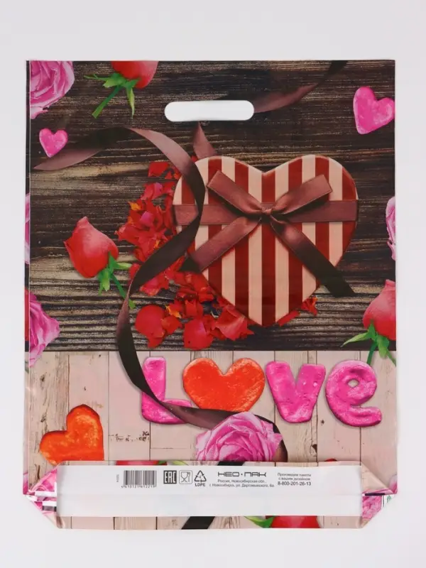 Пакет "Сердечки, полиэтиленовый с вырубной ручкой 38х47 см, 60 мкм