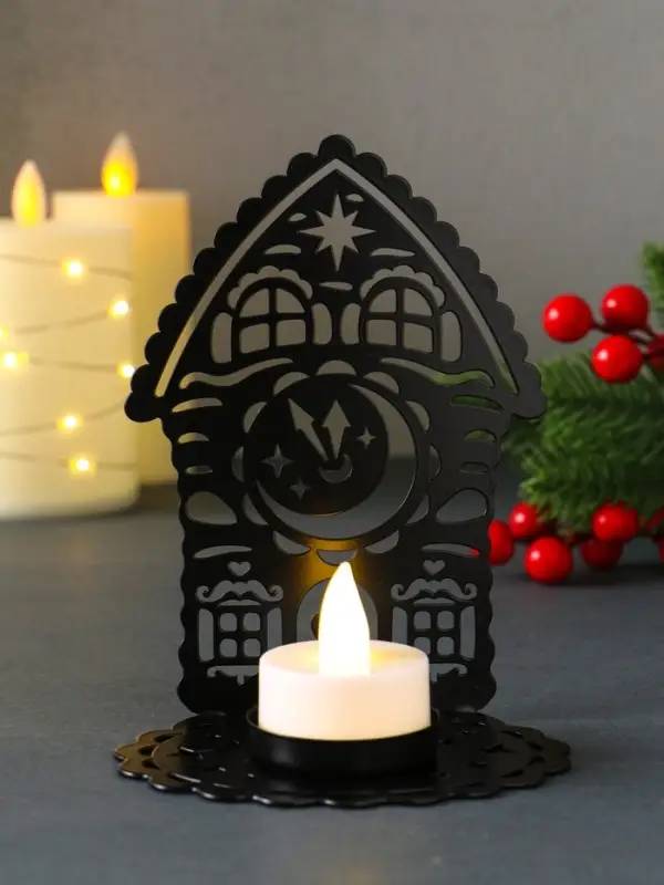 Подсвечник новогодний "Домик с часами" чёрный 6,7х10х13,5 см