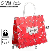 Пакет подарочный крафтовый, упаковка, &laquo;I love you&raquo;, 22 х 25 х 12 см