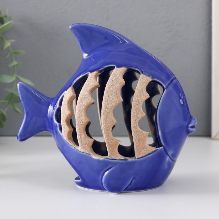 Подсвечник керамика на 1 свечу "Рыбка с узорами" синий 15,7х8,8х14,3 см