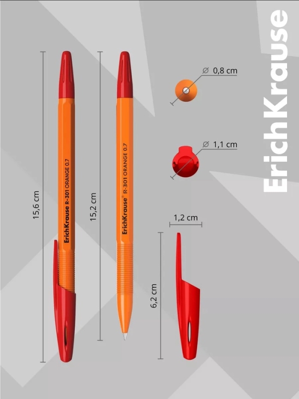 Ручка шариковая ErichKrause R-301 Orange Stick, узел 0.7 мм, чернила красные, длина линии письма 2000 метров, штрихкод на ручке