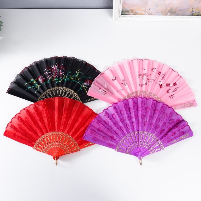 Веер пластик, текстиль "Вышивка" МИКС 23 см