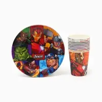 Набор бумажной посуды 10 персон: стакан, тарелка, скатерть, Мстители