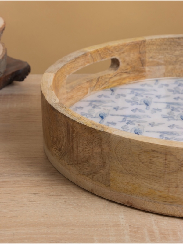 Поднос круглый с бортиками "Синие птицы" дерево манго 35х35х6,5 см