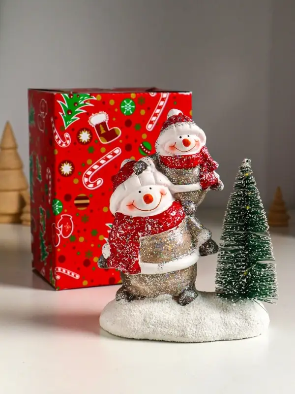 Сувенир керамика свет "Два снеговичка у ёлочки" 12х7,5х15,5 см