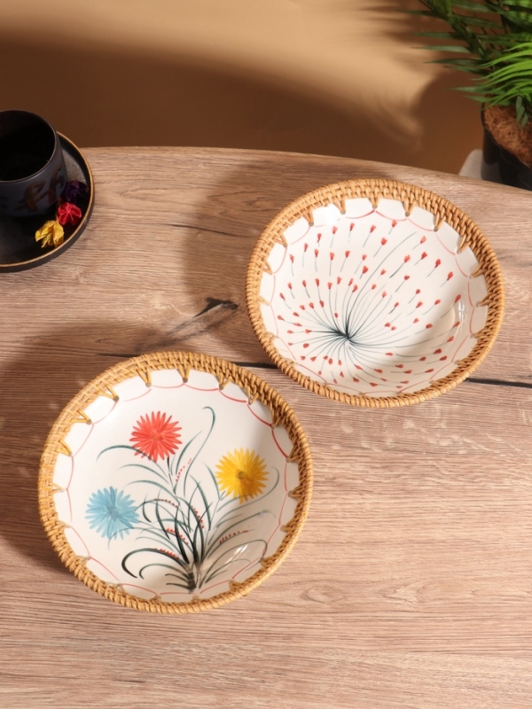 Тарелка керамическая с ротангом 22х22х4,7 см, МИКС