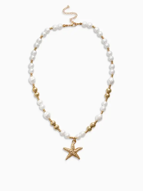 Кулон на жемчужных бусах "Морская звезда", цвет белый в золоте
