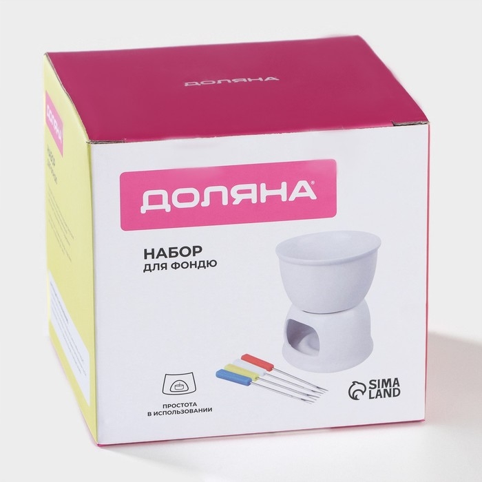 Набор для фондю Доляна &laquo;Глянец&raquo;, 6 предметов: чаша 400 мл, подставка, 4 шпажки, керамика, белый