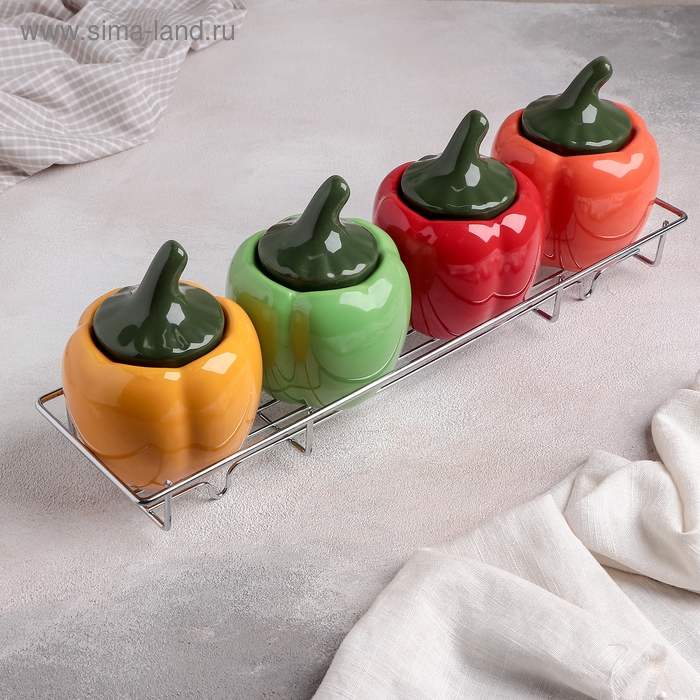 Набор банок керамических для сыпучих продуктов на металлической подставке &laquo;Перцы&raquo;, 4 предмета: 400 мл