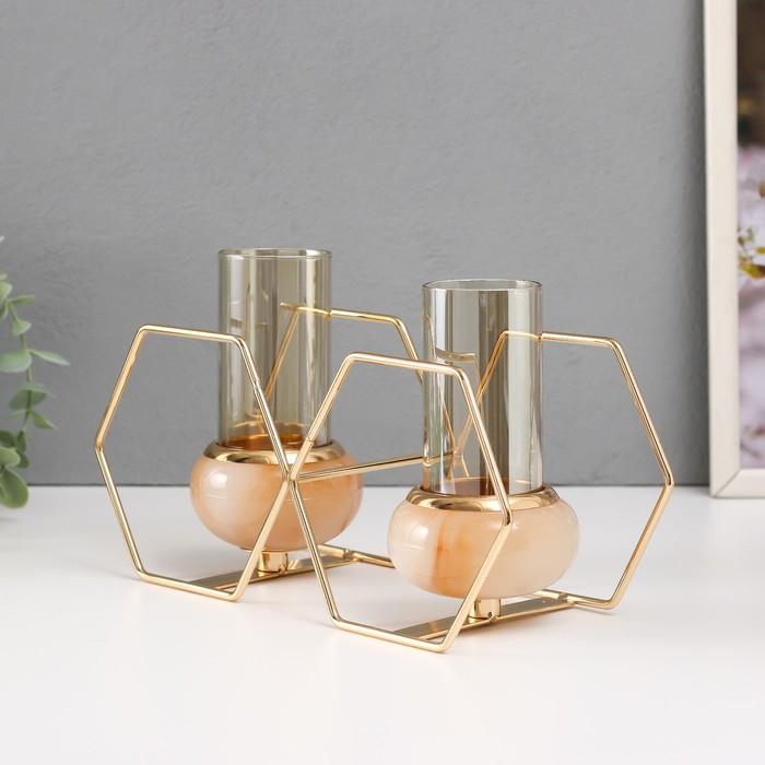 Подсвечник металл, стекло на 2 свечи "Шестигранники" белый с золотом 15,5х26,5х10,5 см