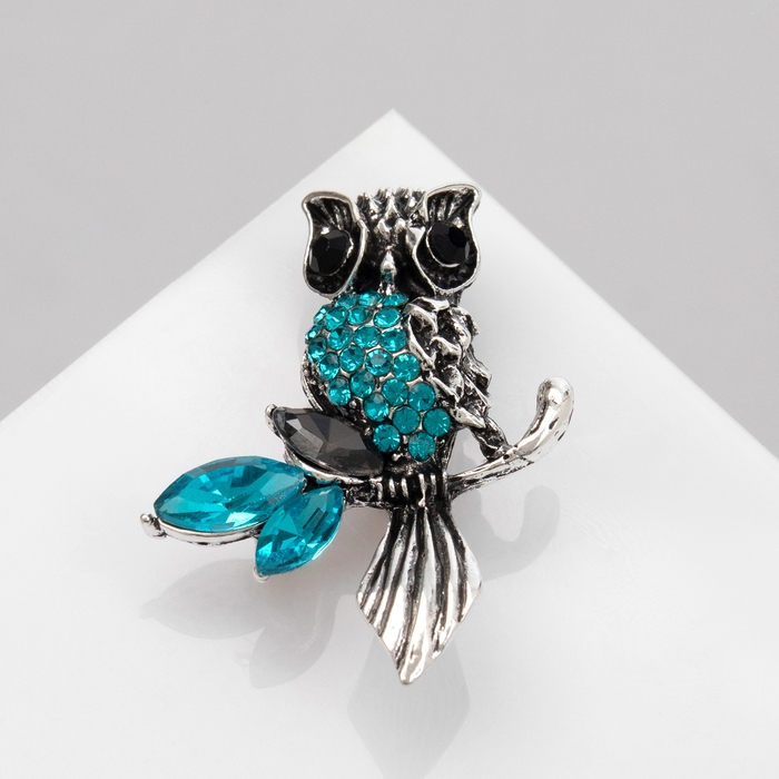 Брошь «Сова на ветке», цвет голубой в чернёном серебре Брошь «Сова на ветке», цвет голубой в чернёном серебре