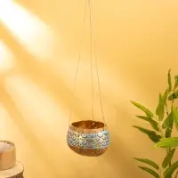 Подсвечник подвесной из кокоса, 9-12 см, золотисто-голубой