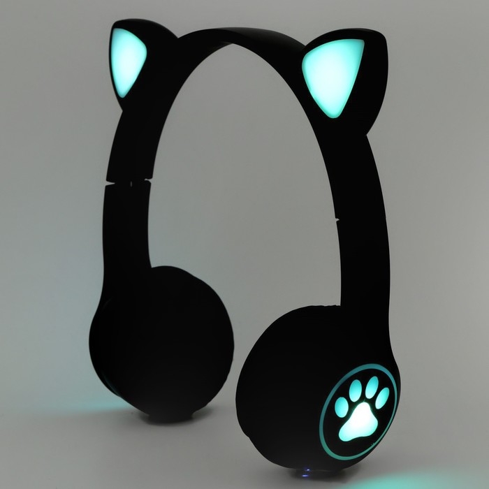 Наушники светящиеся ушки, беспроводные &laquo;Котик&raquo;, черные W-03