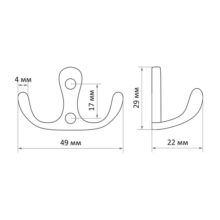 Крючок мебельный ТУНДРА TKd=005, двухрожковый, бронза, 5 шт.