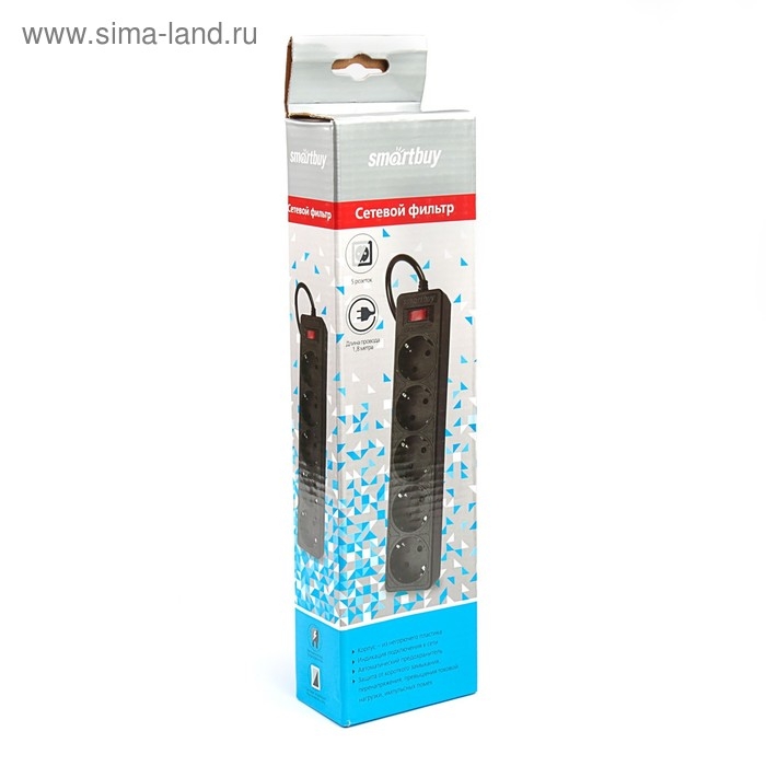 Сетевой фильтр Smartbuy One, 5 розеток, 1.8 м, 10 А, 2200 Вт, с з/к, черный
