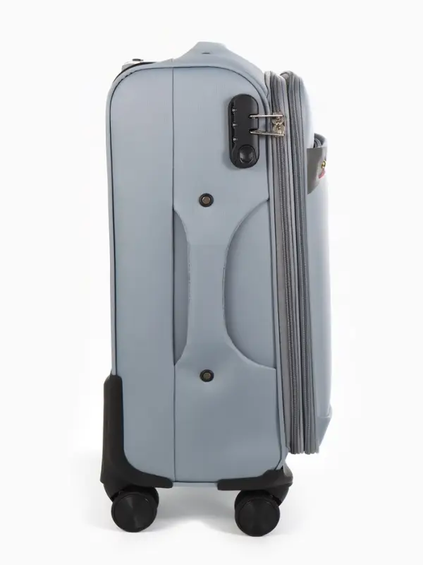 Чемодан 20",Текст,36*25*58,отд на молнии,1 нар/карм, увелич,код замок,4 колеса, т.серый