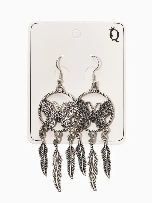 Серьги метал "Аутентичность" бабочка с перьями, цвет чернёное серебро