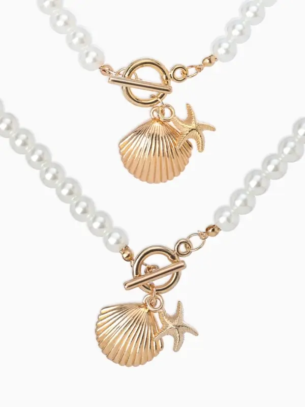 Набор 2 пред-та: бусы.браслет "Жемчуг", ракушка вонголе, цвет белый в золоте L=18/42см №8