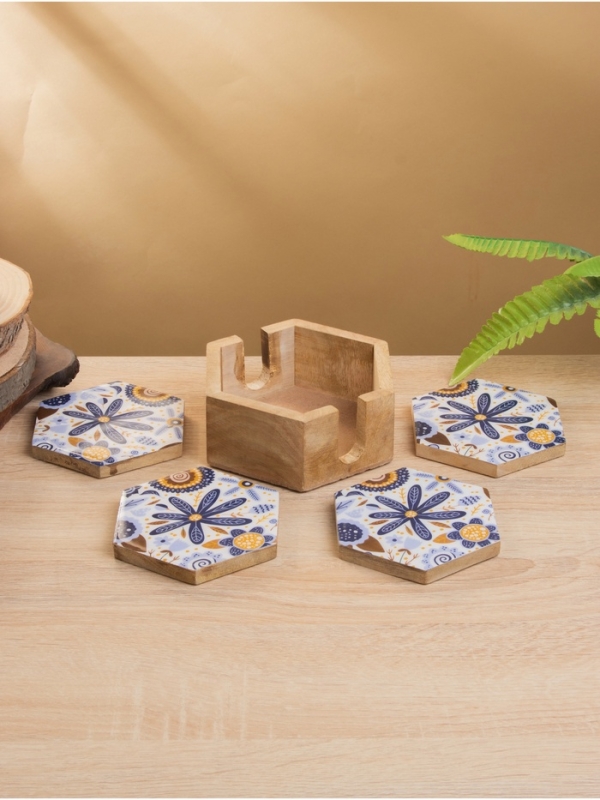 Подставка под горячее (набор 4 шт) "Васильки" дерево манго 15х13х5 см