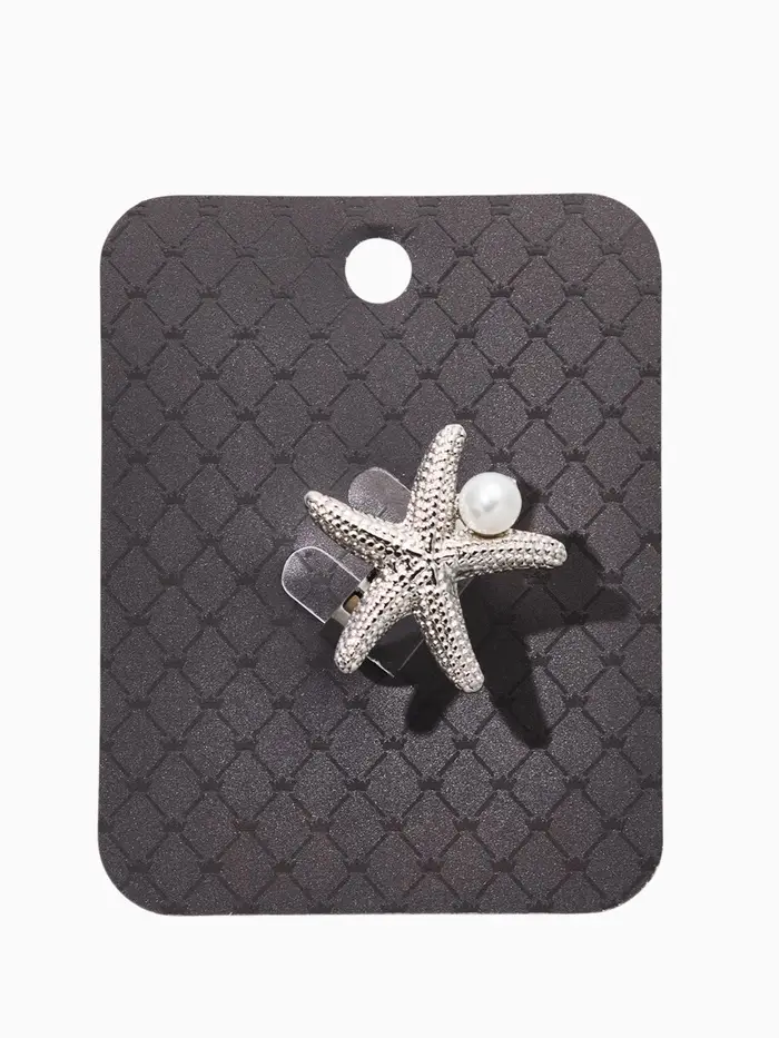 Кольцо "Морская звезда" с бусиной, безразмерное, цвет белый в серебре