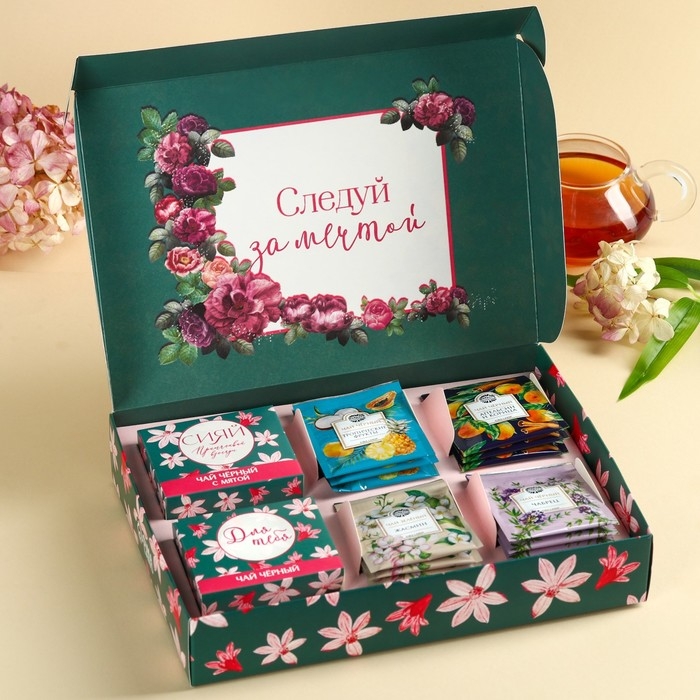 Набор с чаем &laquo;Расцветай от любви&raquo;, весовой чай 40 г (2 шт. х 20 г)., чай в пакетиках 21,6 (12 шт. х 1,8 г).