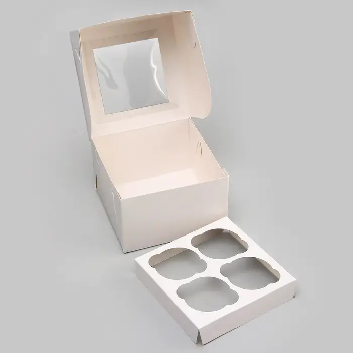 Коробка для 4 капкейка с окном, белая, 16&times;16&times;10 см