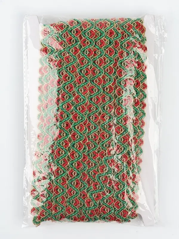 Тесьма Змейка красно-зелено-золотая 1.5 см намотка 25 метров