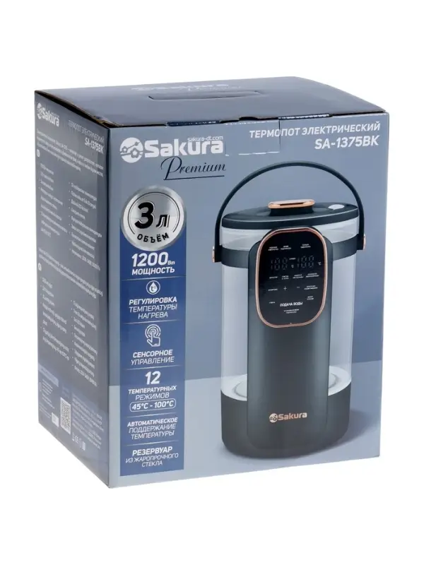 Термопот Sakura SA-1375BK, 1200 Вт, 3 л, 45-100&deg;С, сенсор, LCD дисплей,  стекло, черный