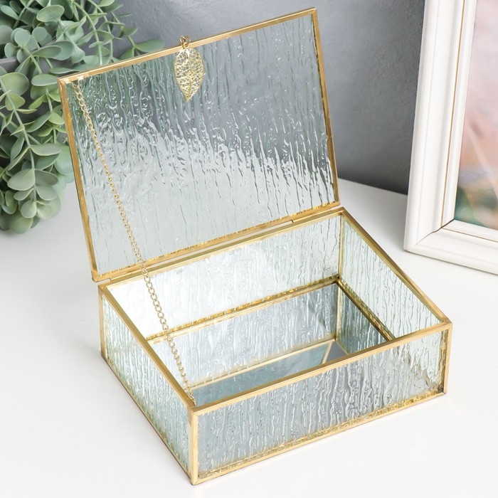 Шкатулка стекло с металлическим каркасом "Прямоугольная с листом. Кора" 18,5х14х6,5 см