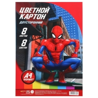 Картон цветной, А4, 8 листов, 8 цветов, немелованный, двусторонний, в пакете, 180 г/м&sup2;, Человек-паук